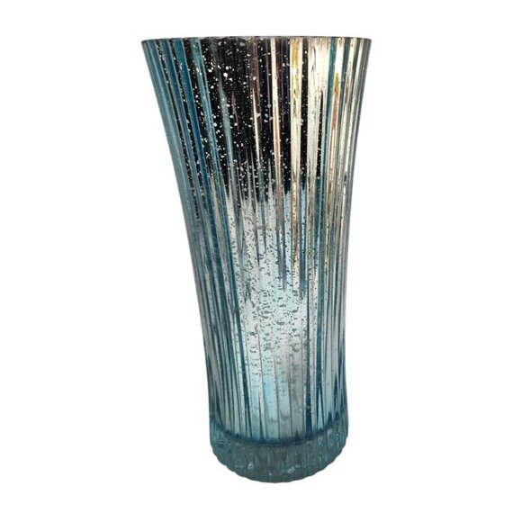 Ribbed Aqua Blue Mercury Glass Vase 11.5" Tall Decorative Accent Piece For Seasi - Picture 6 of 8